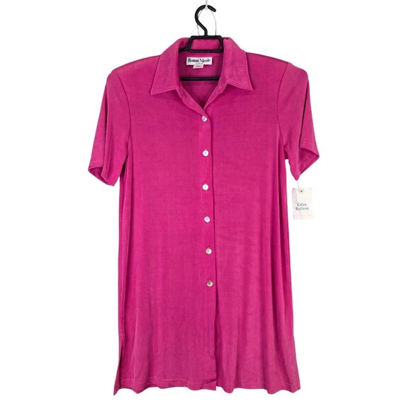 Womens Ronni Nicole By Ouida Pink Shirt Dress Button Down Short Sleeve Size L - Picture 1 of 8